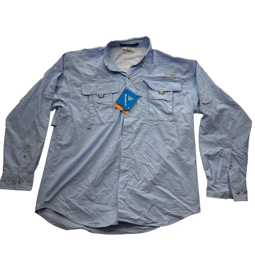 Columbia PFG Bahama II Long Sleeve Fishing Shirt Light Blue FM7048 Mens Small